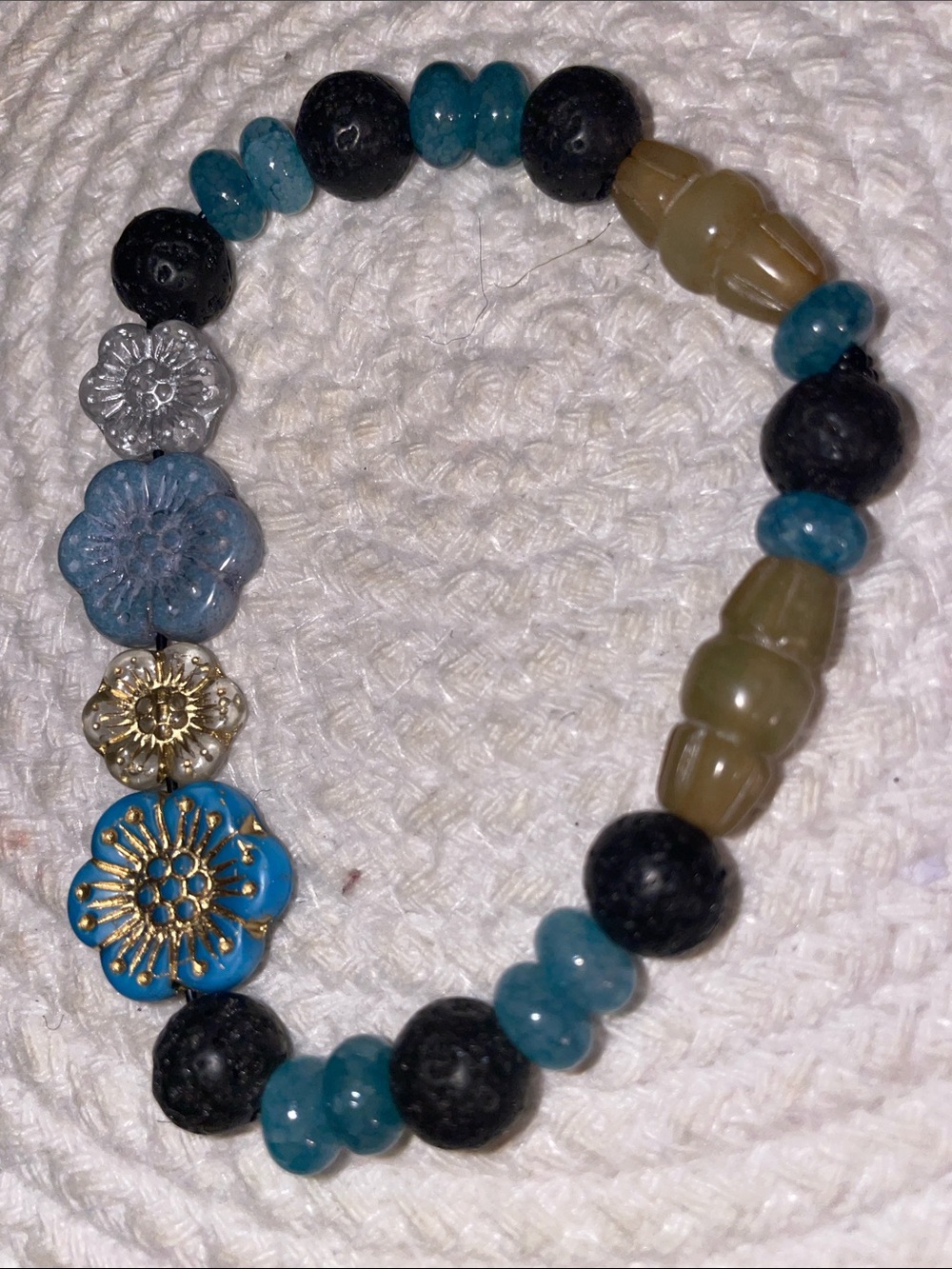 Czech Blue Floral Beaded Stretch Bracelet